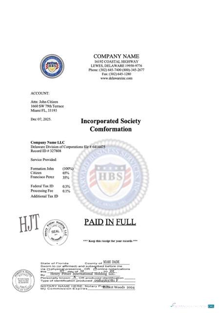 USA Florida incorporated society comformation Word and PDF template